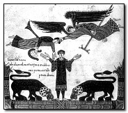 Daniel in groapa cu lei, ocrotit de ingeri. Miniatura din Cartea Apocalispului apartinand calugarului spaniol Beatus.